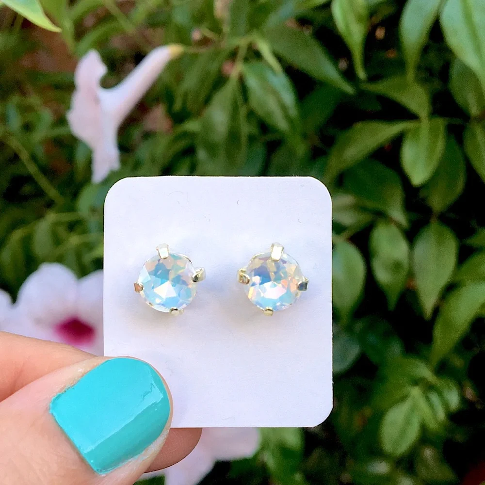 White Opal Aurora Borealis + Silver Crystal Stud Earrings